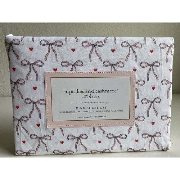Cupcakes & Cashmere Pink Bows And Hearts KING SIZE Sheet Set Coquette NEW - Picture 1 of 13